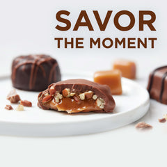Russell Stover nut cluster detail showing roasted nuts and crunchy benefit