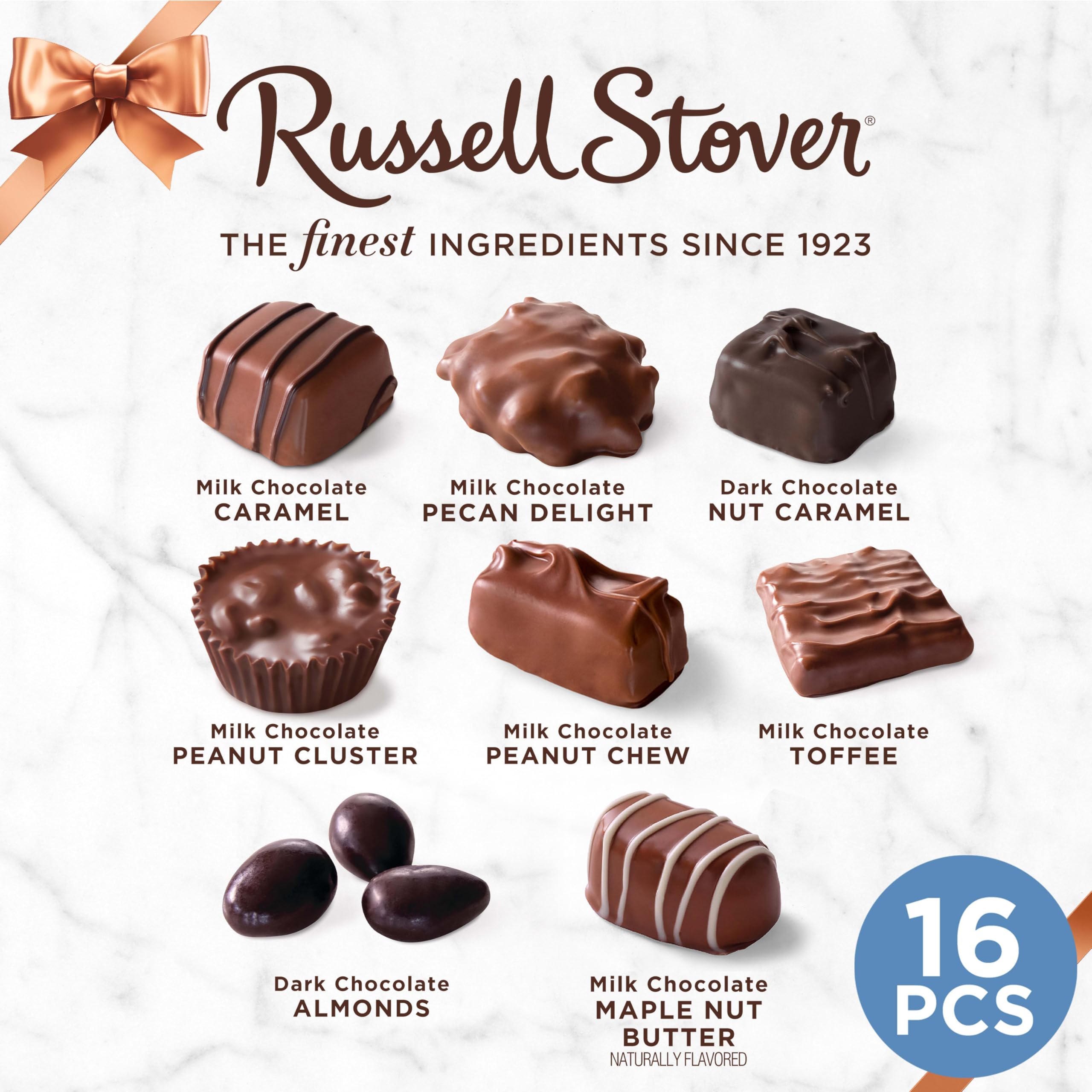 Russell Stover open assortment displaying varied chocolates for easy sampling
