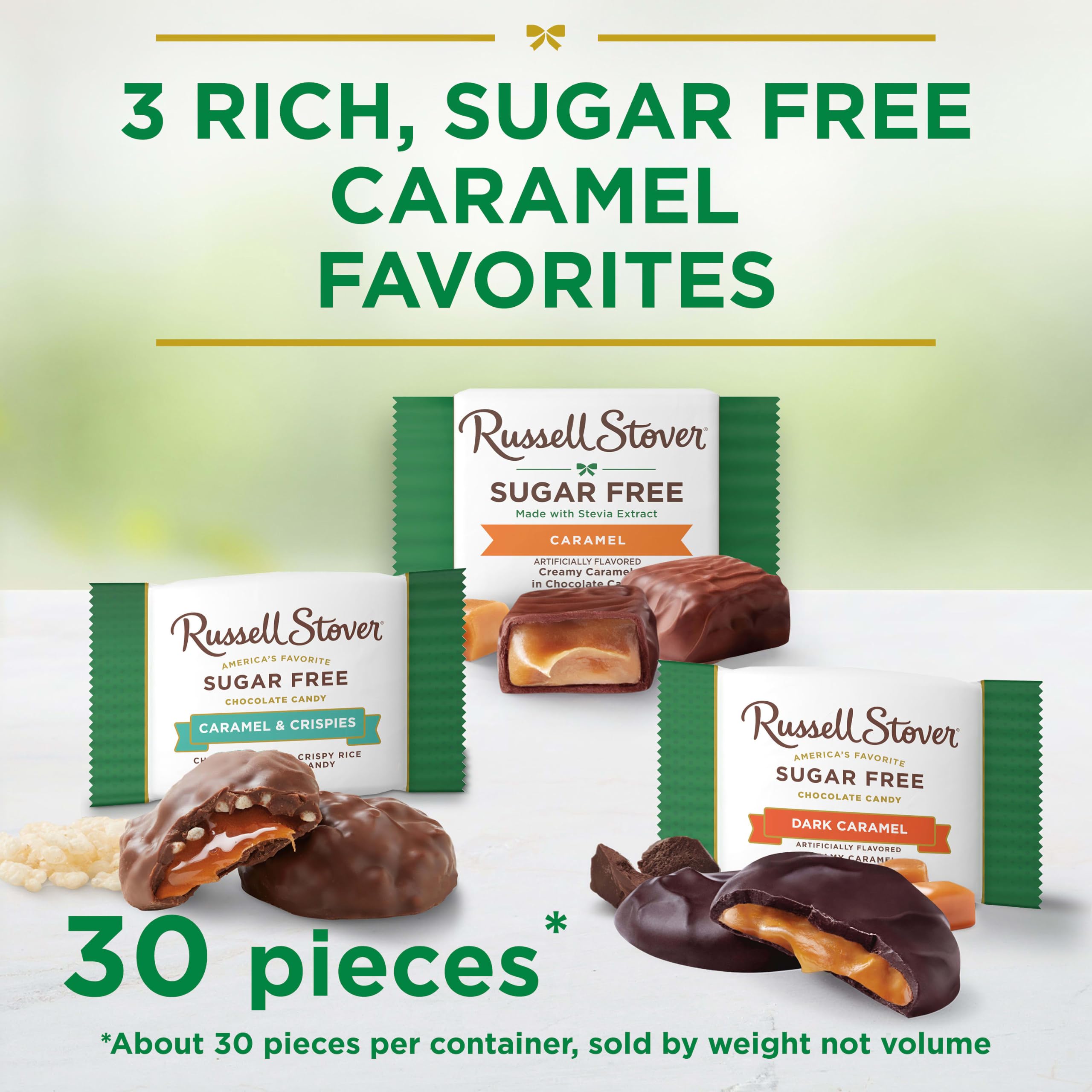 Russell Stover unwrapped caramel chocolate piece closeup showing glossy coating and indulgent bite