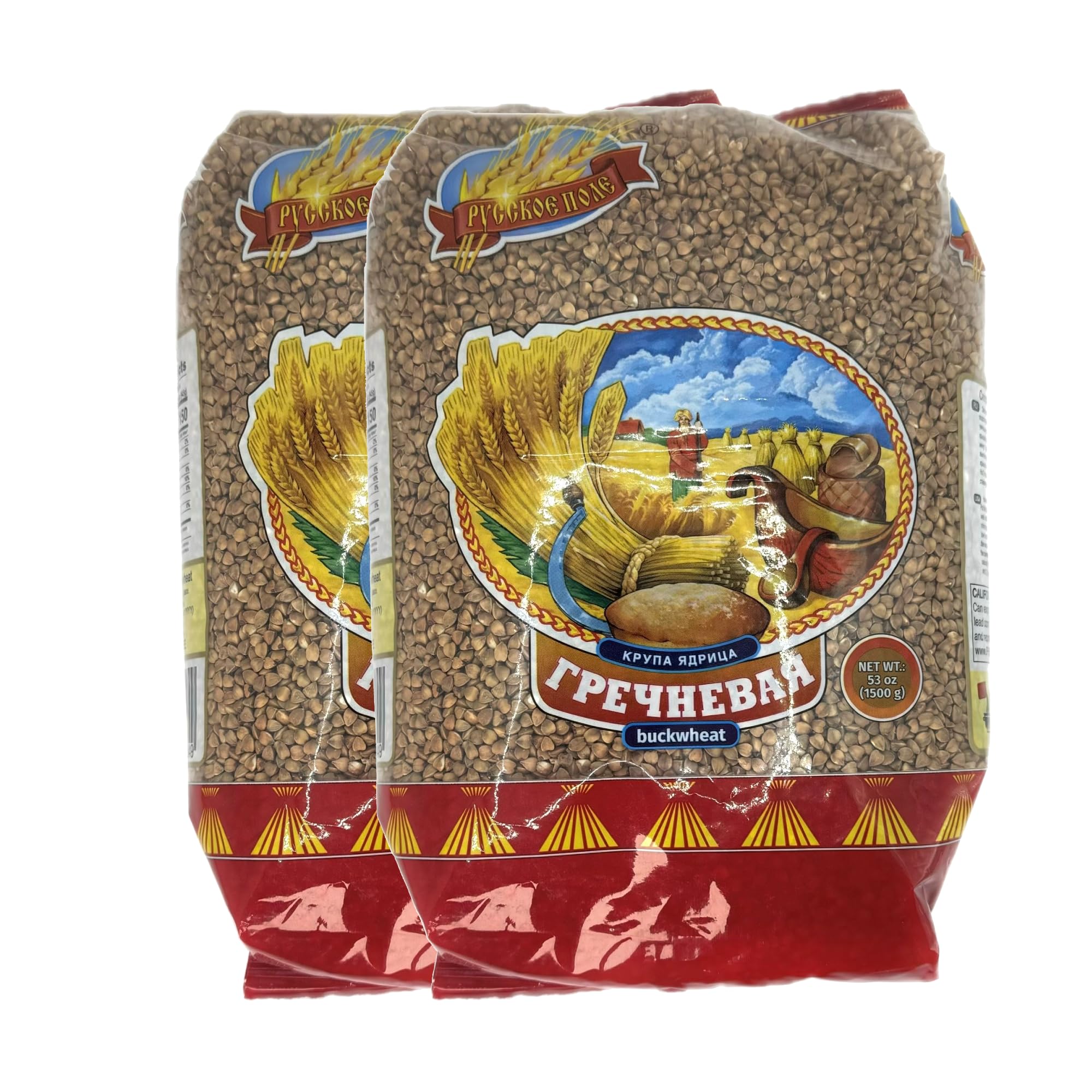 Russkoe Pole front packaging showing two 53 oz bags and clear branding benefit: pantry-ready supply