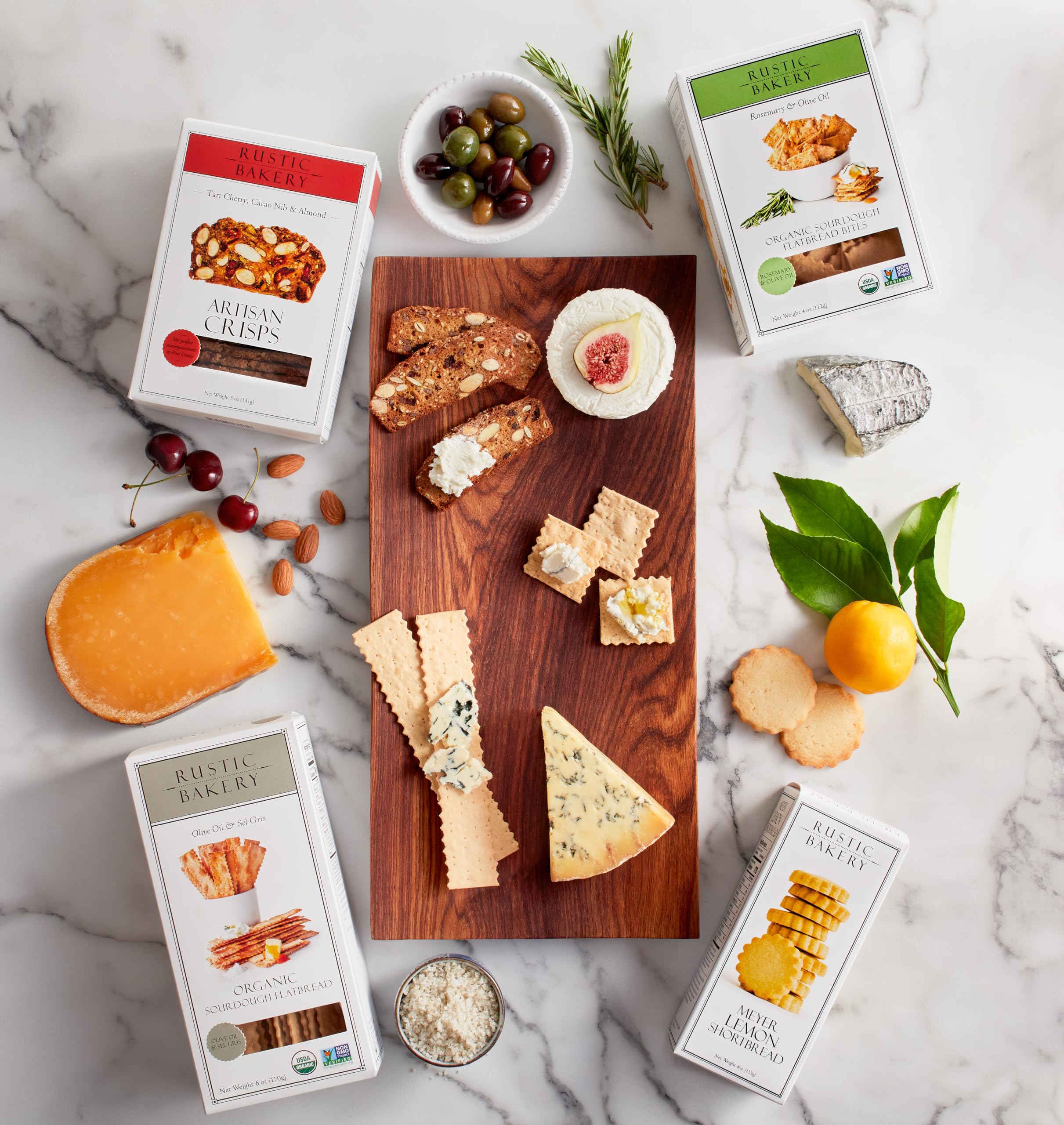 Rustic Bakery crisps arranged on cheese board demonstrating pairing versatility and elegance