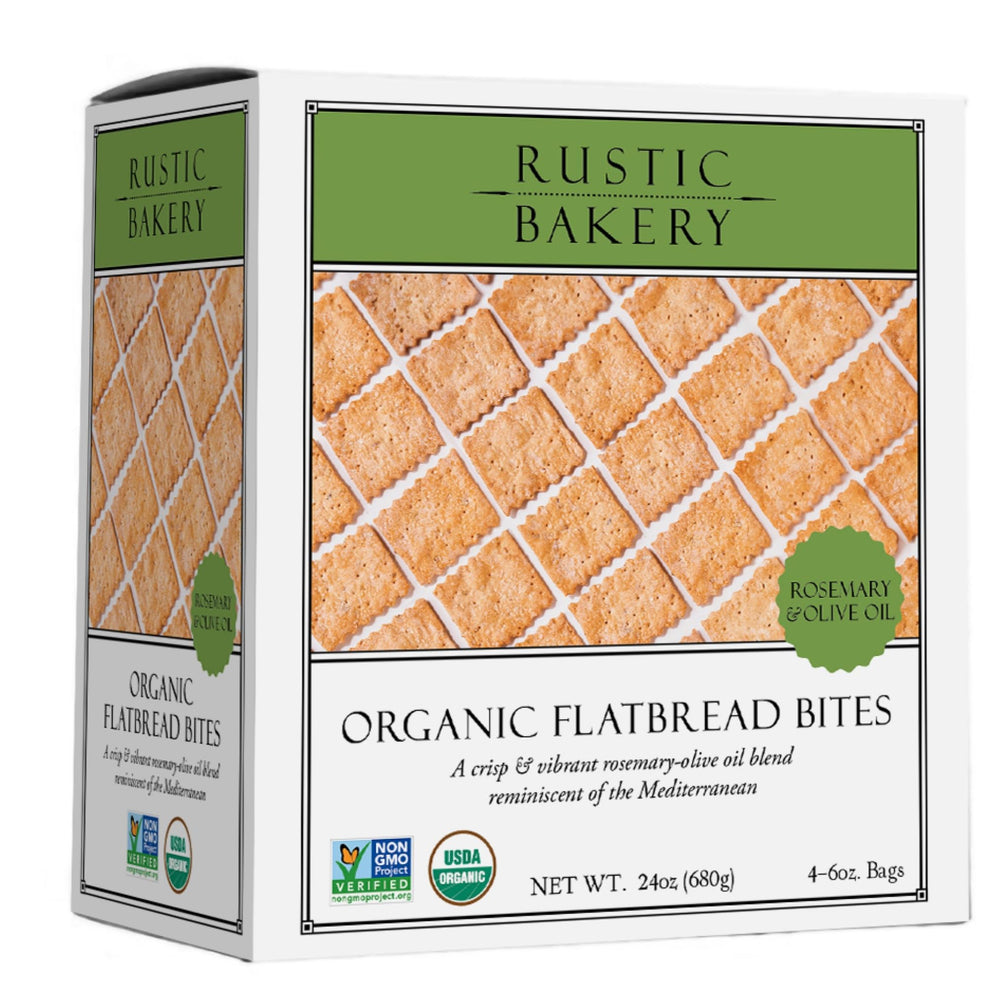 Rustic Bakery front packaging showing rosemary olive oil flavor and serving suggestion