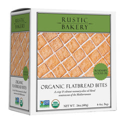 Rustic Bakery front packaging showing rosemary olive oil flavor and serving suggestion