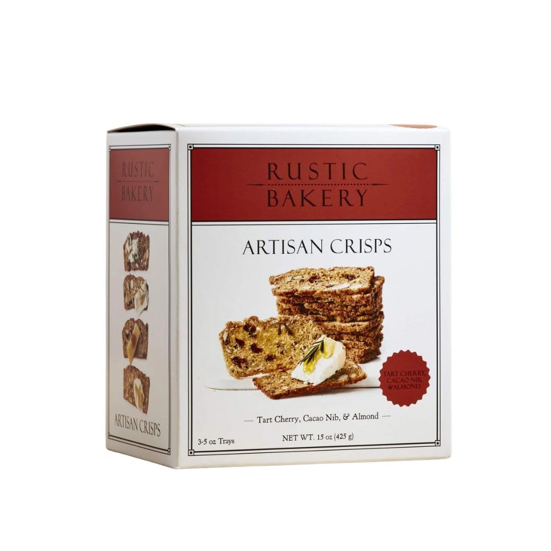 Rustic Bakery front packaging showing tart cherry cacao nib almond crisps and serving suggestion