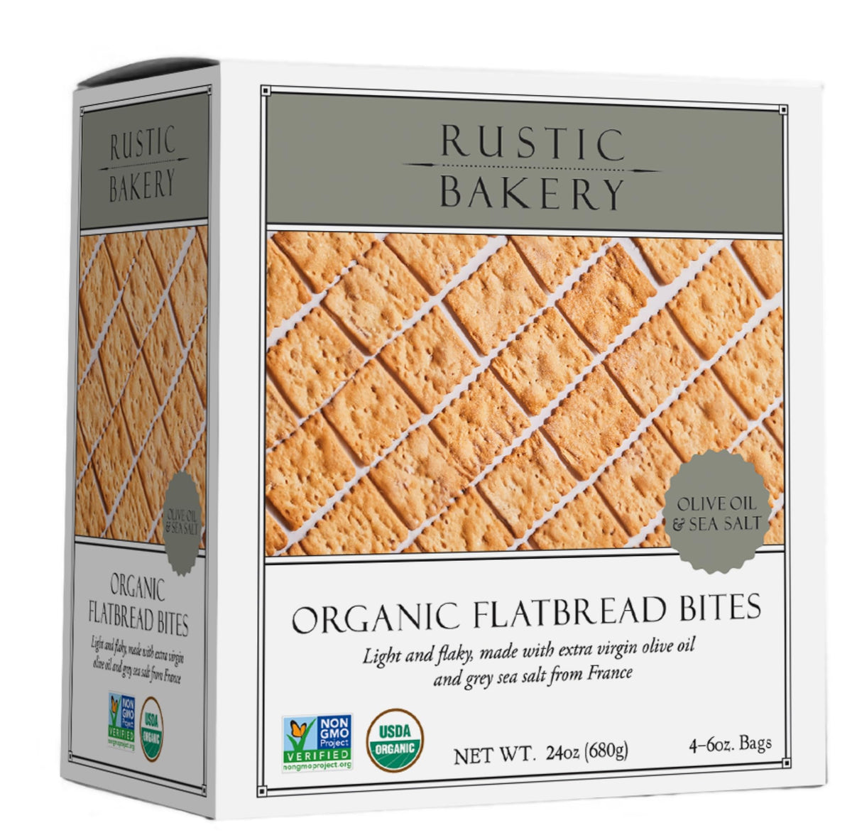 Rustic Bakery front packaging showing 6 oz bag, artisan appeal and pantry-ready benefit