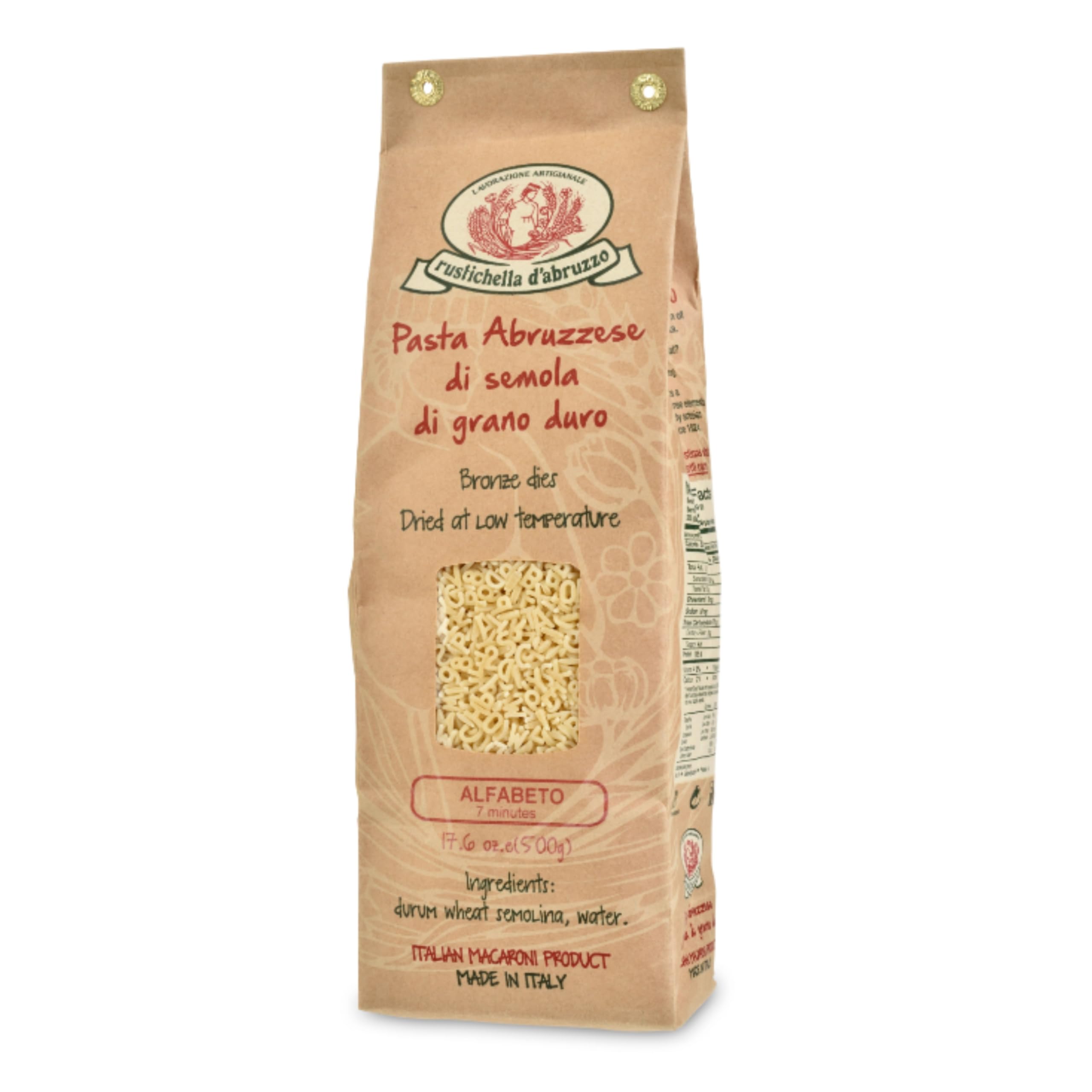 Rustichella d'Abruzzo front packaging showing brown paper bag and logo, high-quality appeal