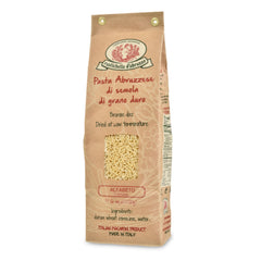 Rustichella d'Abruzzo front packaging showing brown paper bag and logo, high-quality appeal