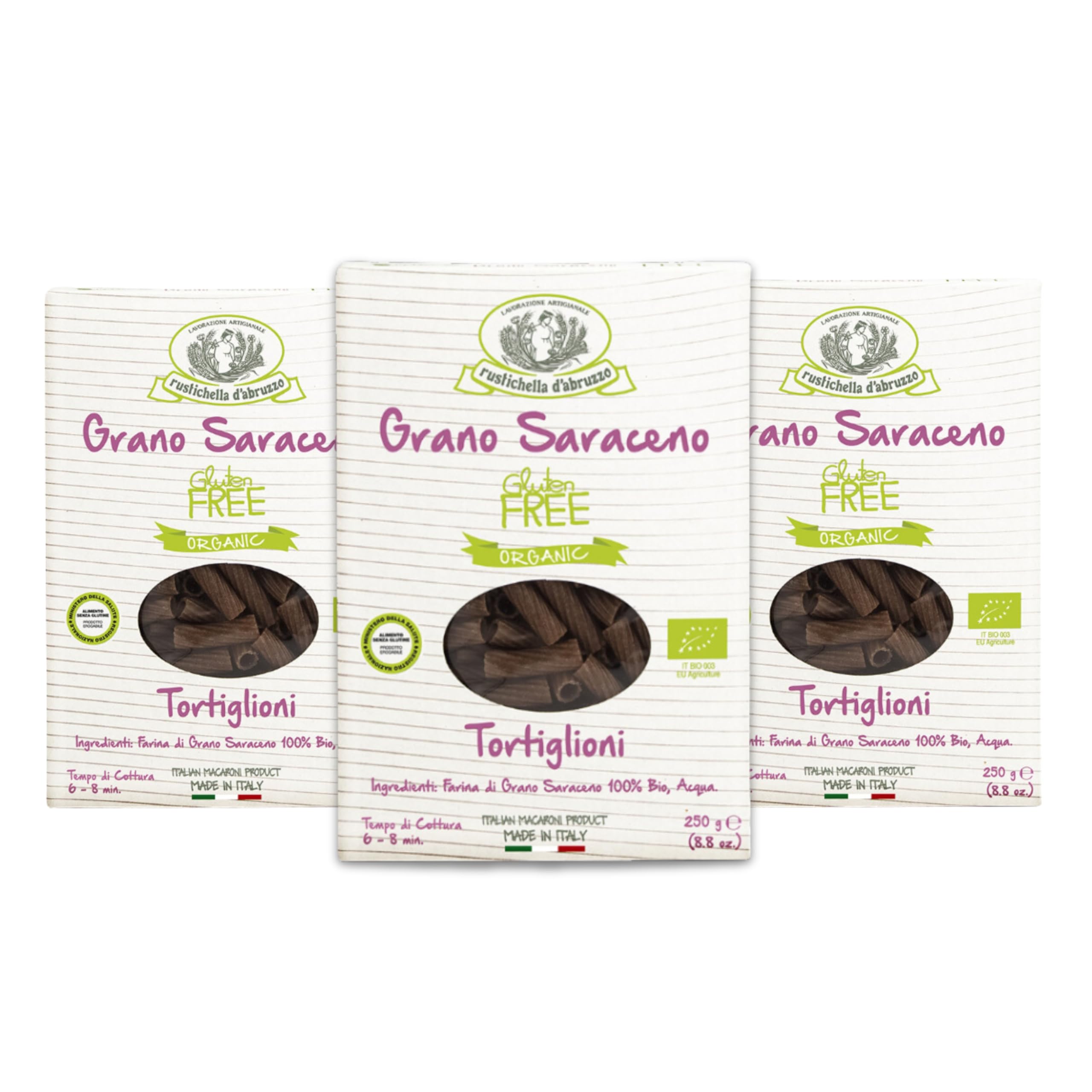 Rustichella d'Abruzzo front packaging showing organic buckwheat tortiglioni benefit convenience