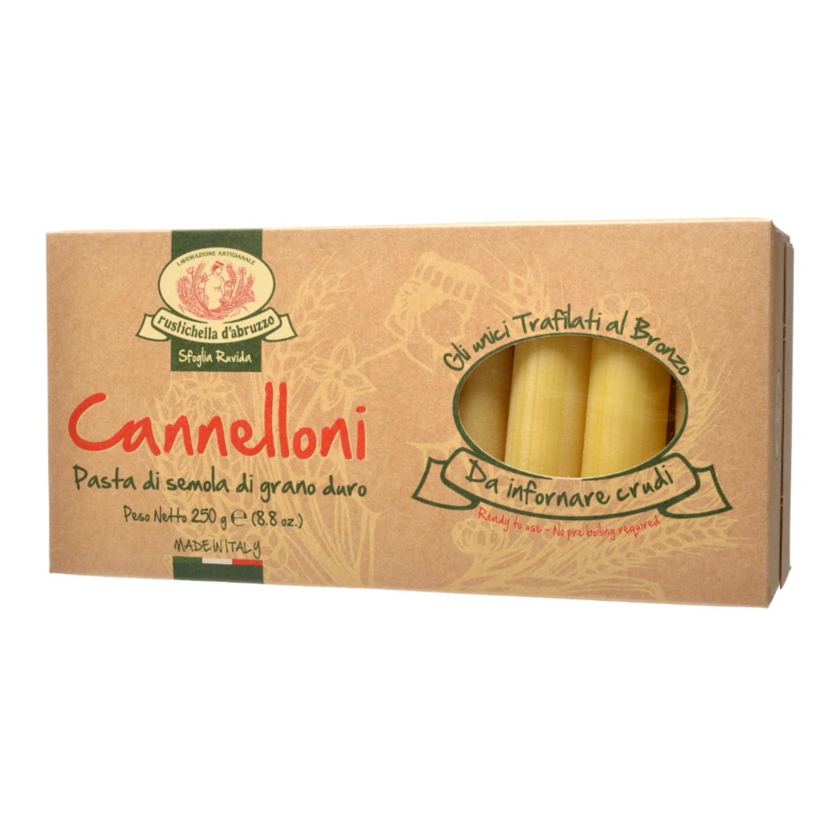 Rustichella d'Abruzzo front packaging showing 20 large cannelloni and Italian heritage