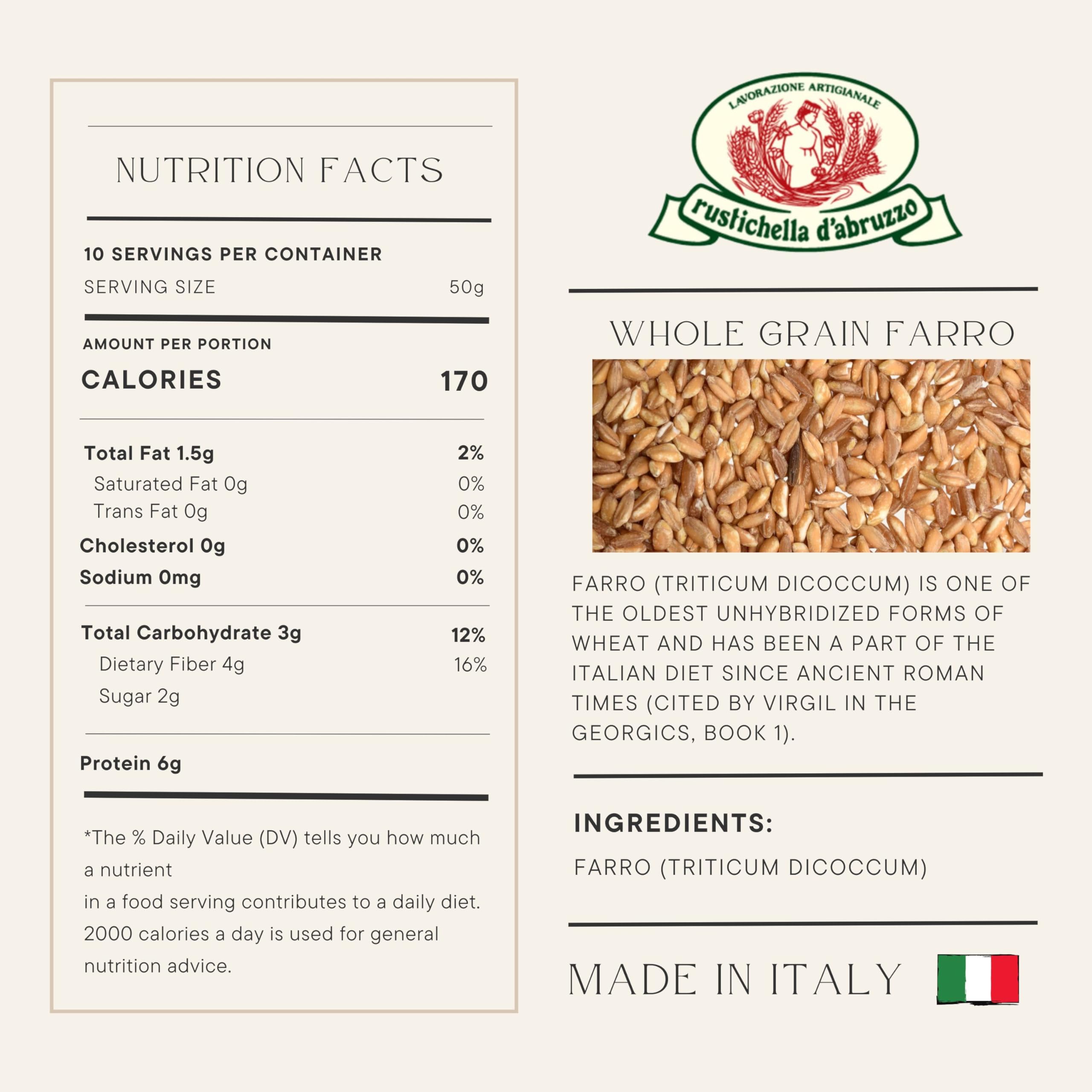Rustichella d'Abruzzo close-up of farro kernels highlighting chewy texture benefit