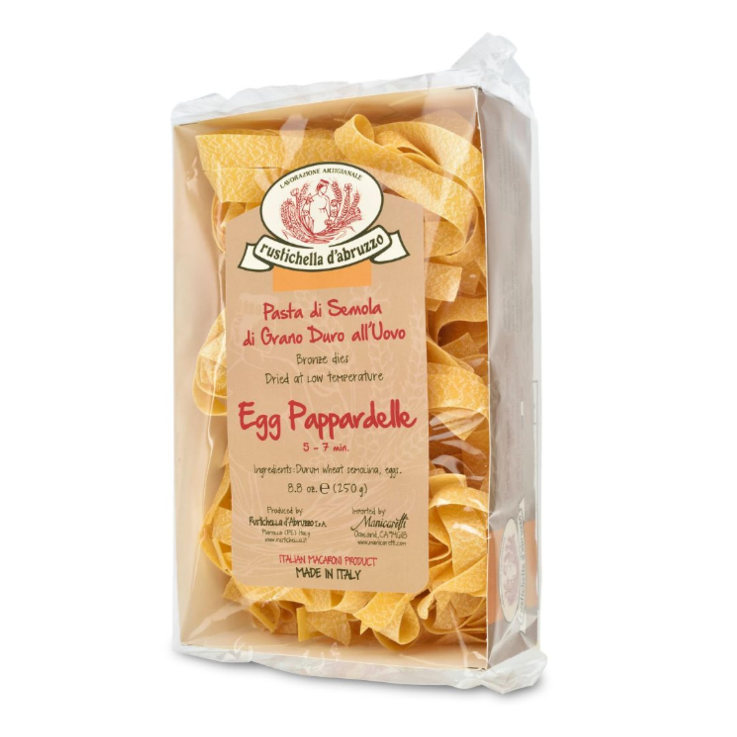 Rustichella d'Abruzzo front packaging showing 250g pouch and premium look, highlighting authenticity
