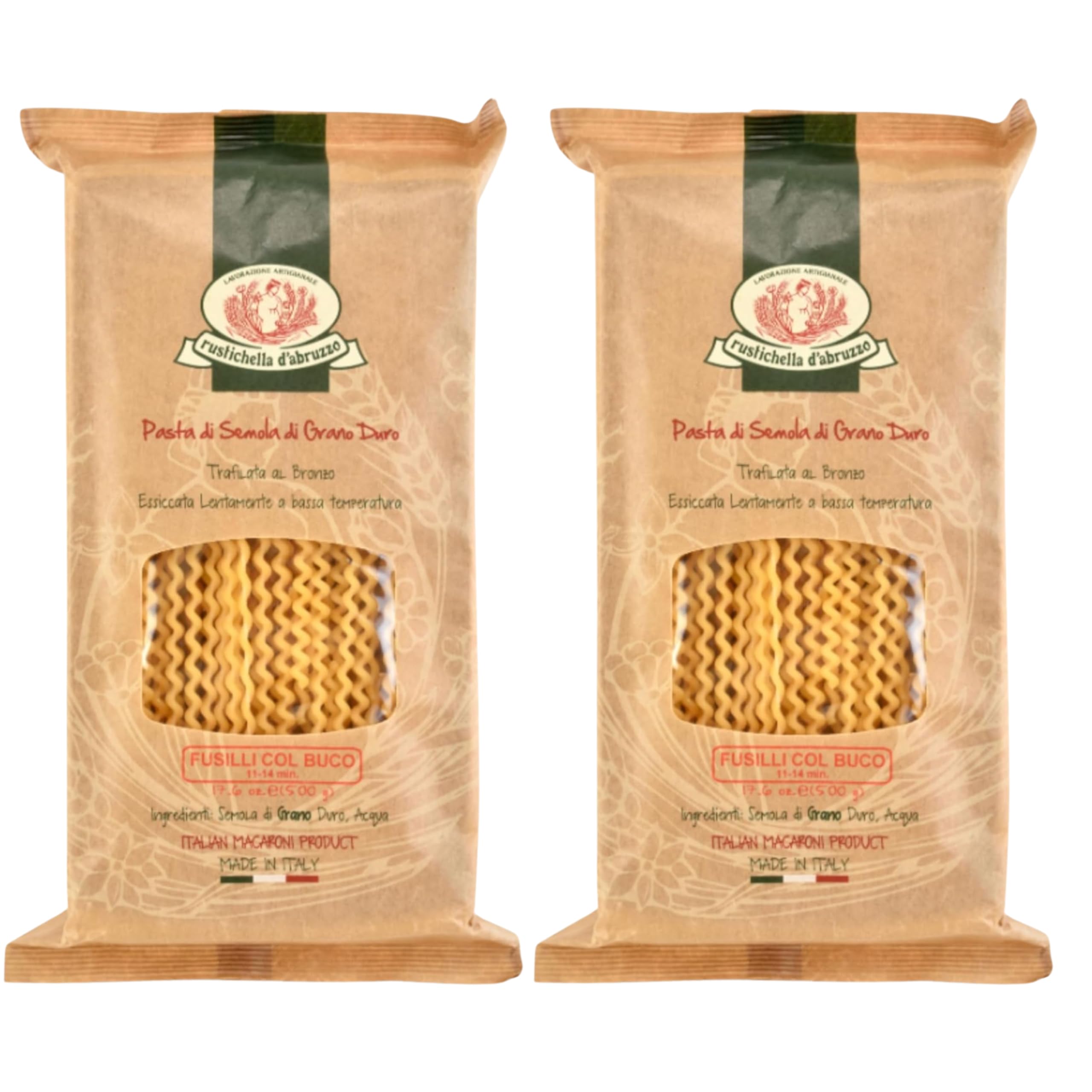 Rustichella d'Abruzzo front packaging showing pasta box and label, highlighting authenticity