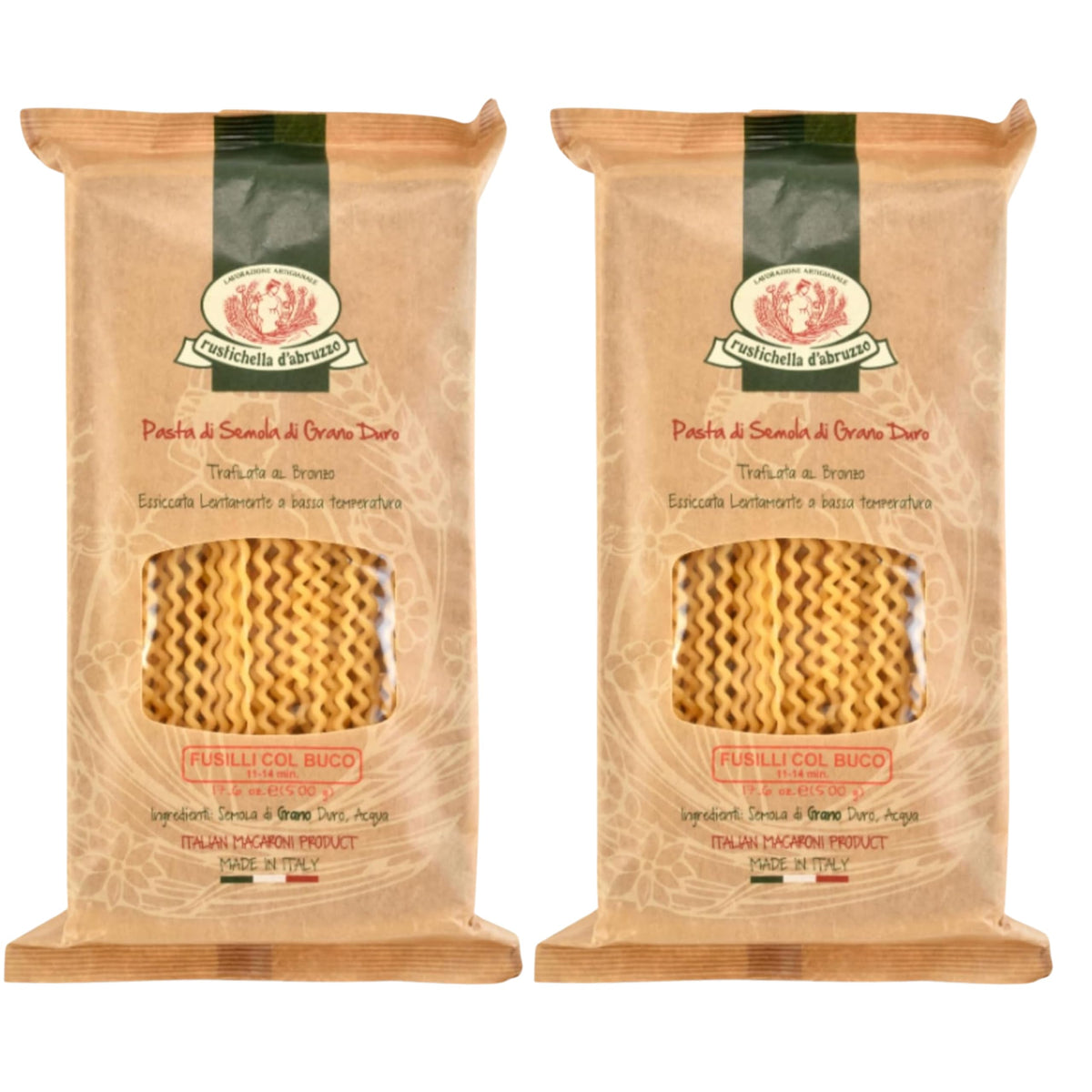 Rustichella d'Abruzzo front packaging showing pasta box and label, highlighting authenticity