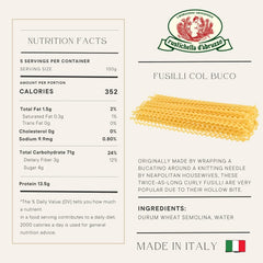 Rustichella d'Abruzzo close-up of hollow curly fusilli shape, emphasizing sauce grip