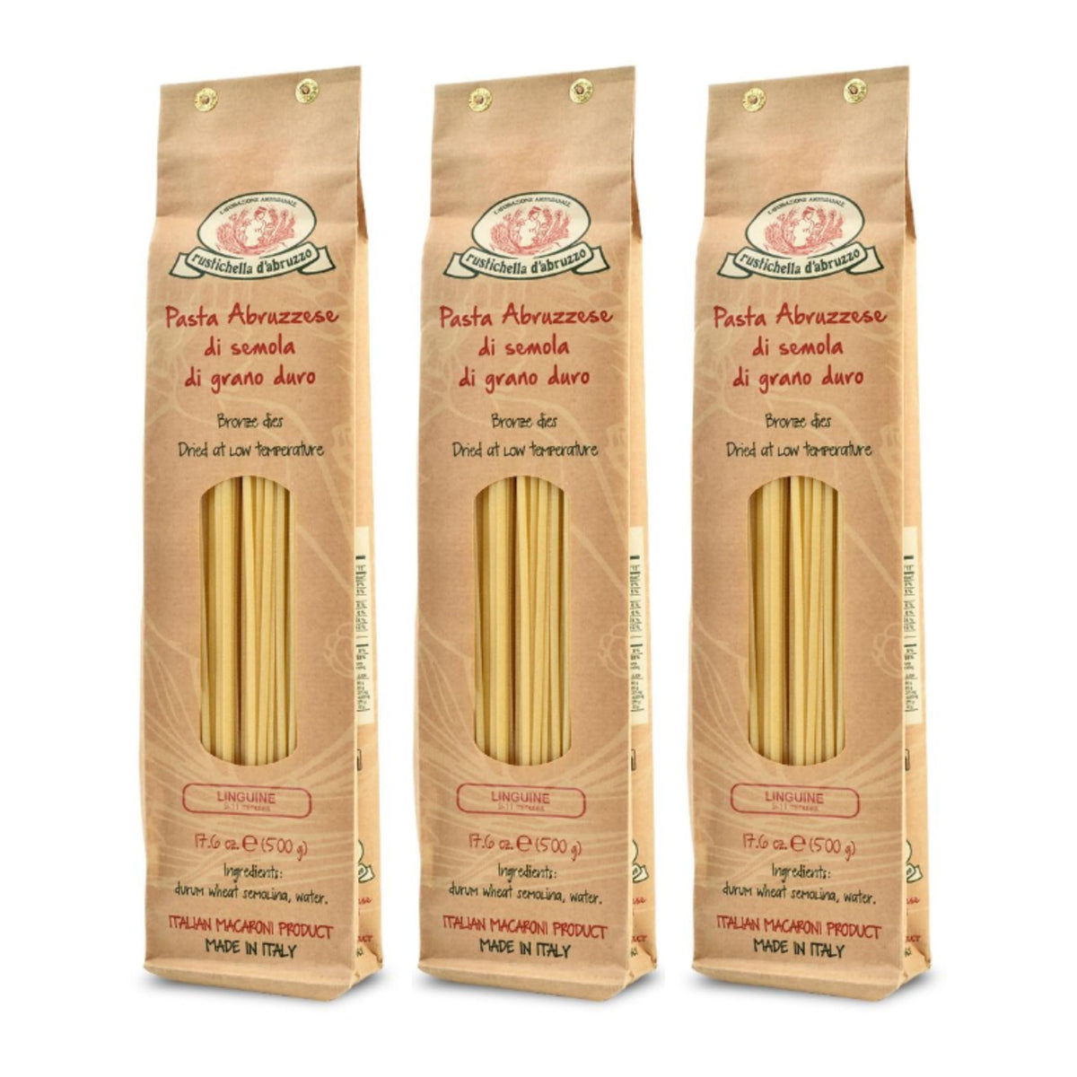Rustichella d'Abruzzo front packaging showing three 500g packs and easy storage benefit