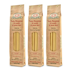 Rustichella d'Abruzzo front packaging showing three 500g packs and easy storage benefit