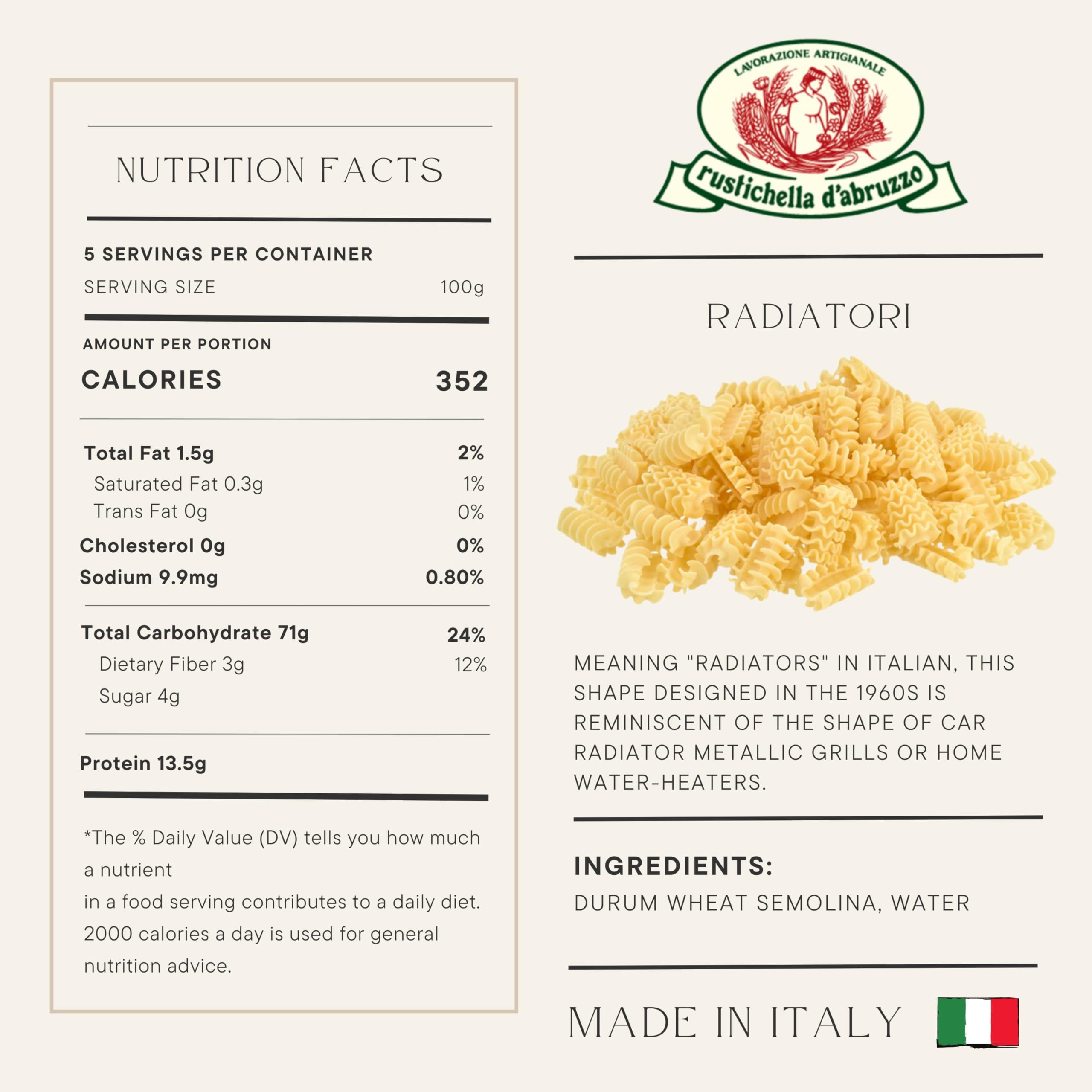 Rustichella d'Abruzzo close-up of radiatori ridges capturing sauce for better flavor