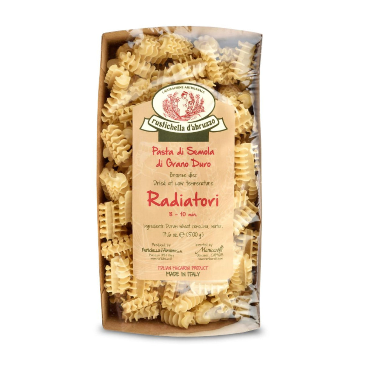 Rustichella d'Abruzzo front packaging showing 500g bag and branding, clear pantry benefit