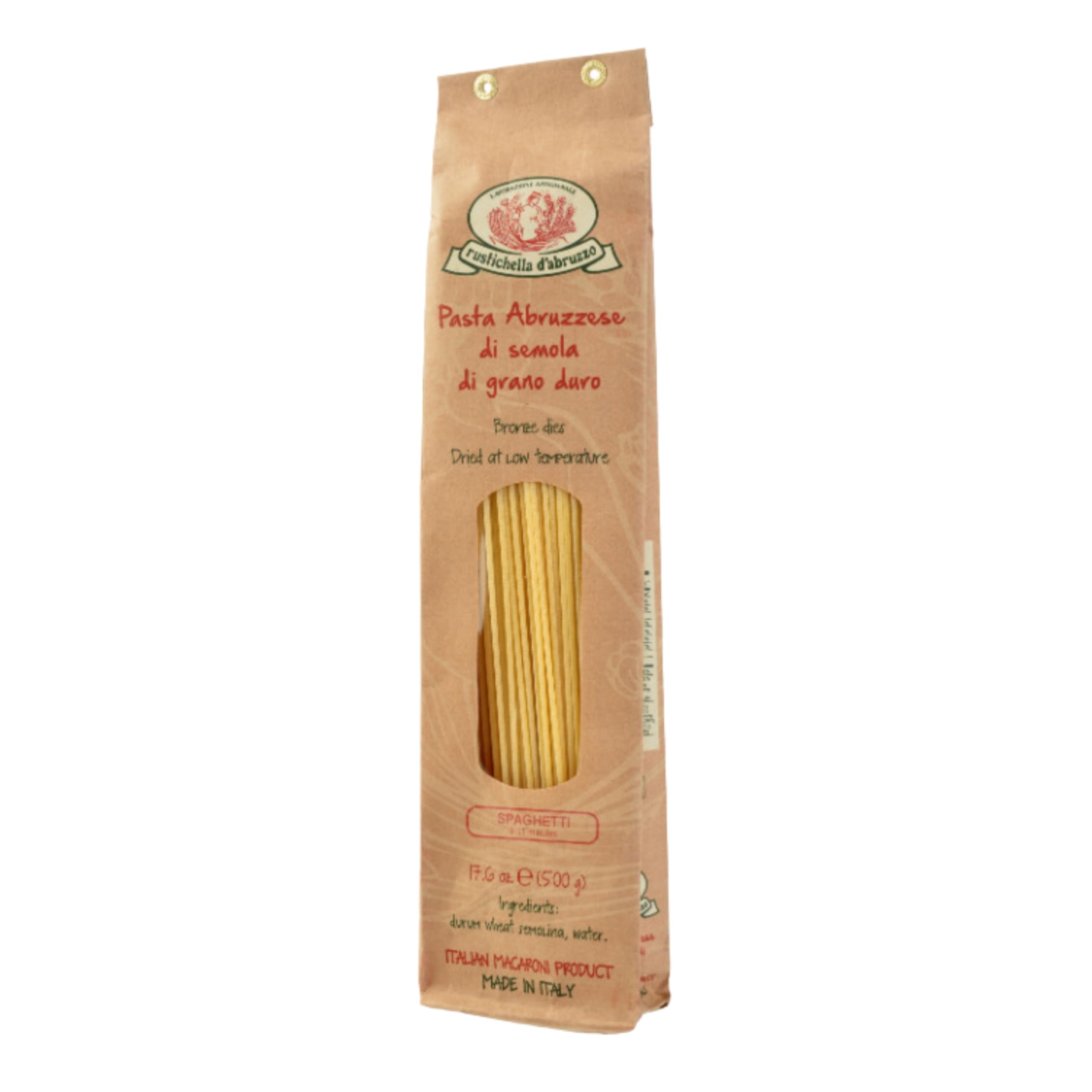Rustichella d'Abruzzo front packaging showing 500g box and brand benefit