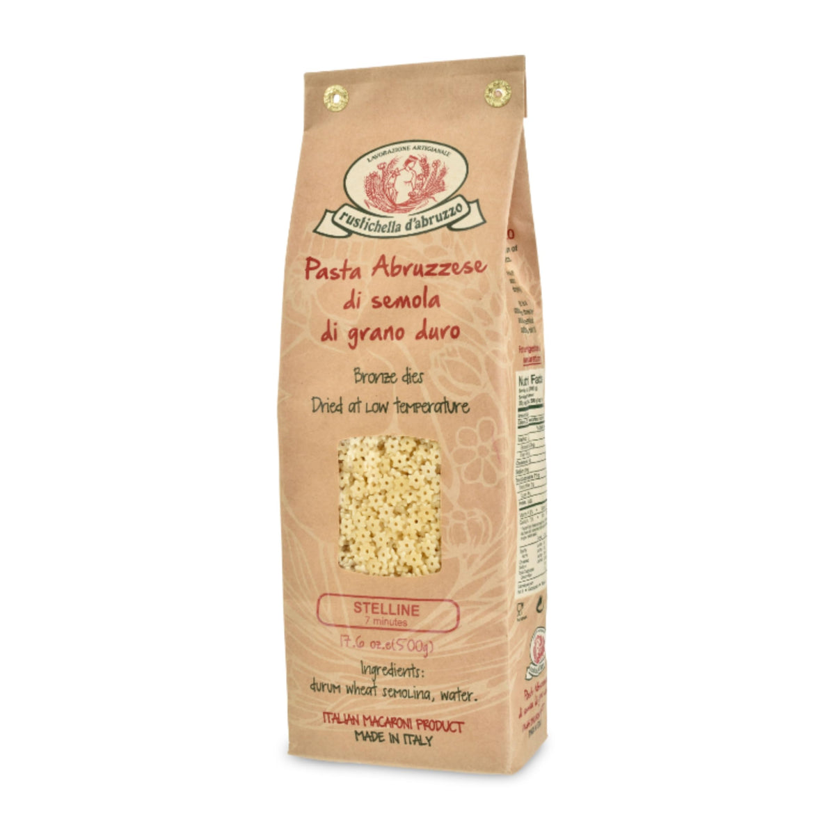 Rustichella d'Abruzzo front packaging showing 500g pack, clear ingredient view and benefit