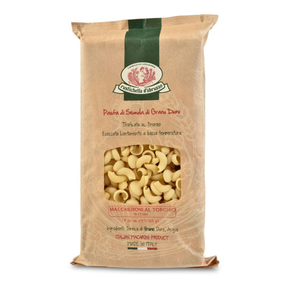 Rustichella d'Abruzzo front packaging showing bell-shaped torchio pasta benefit: authentic Italian quality