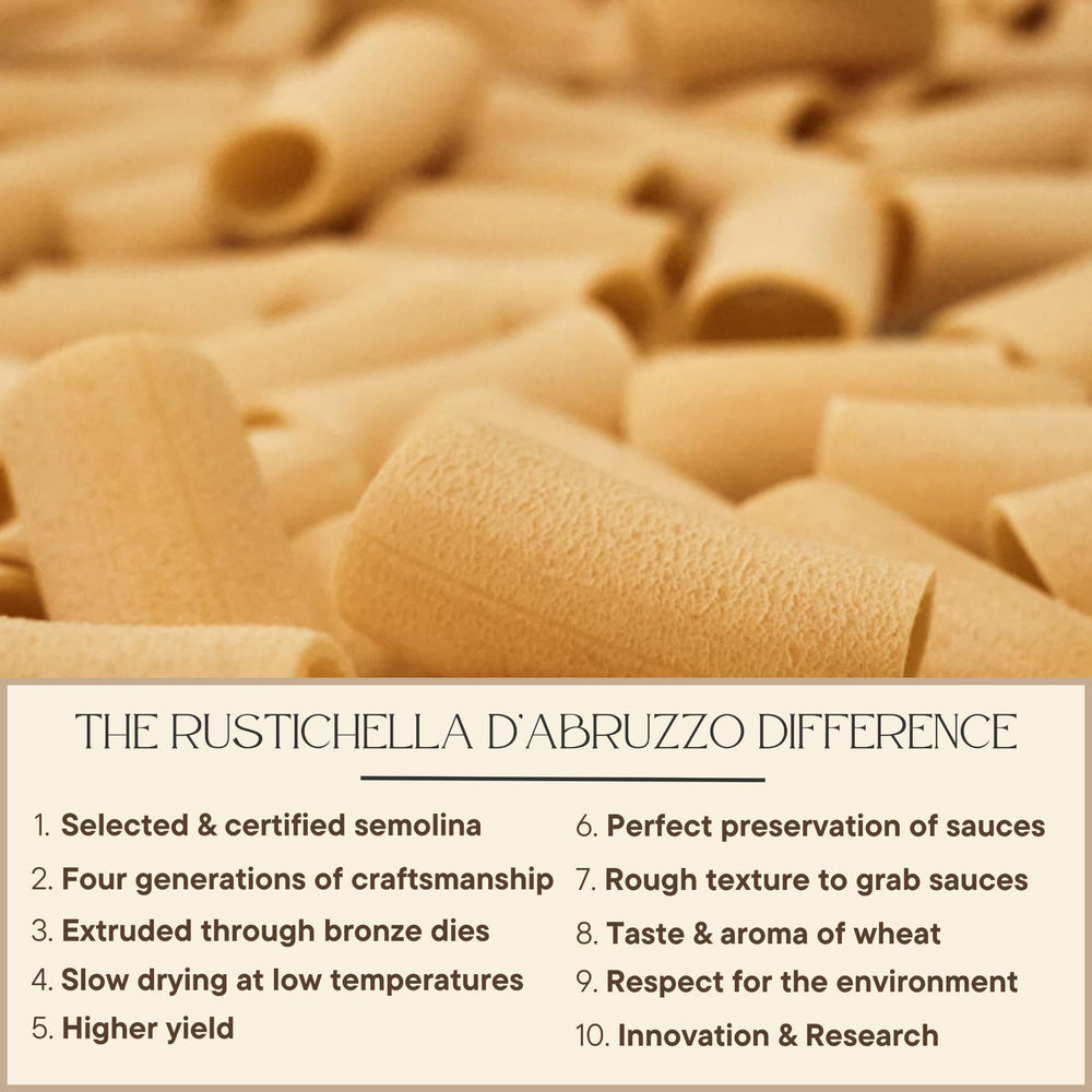 Rustichella d'Abruzzo 500g bag next to measuring cup demonstrating pack size