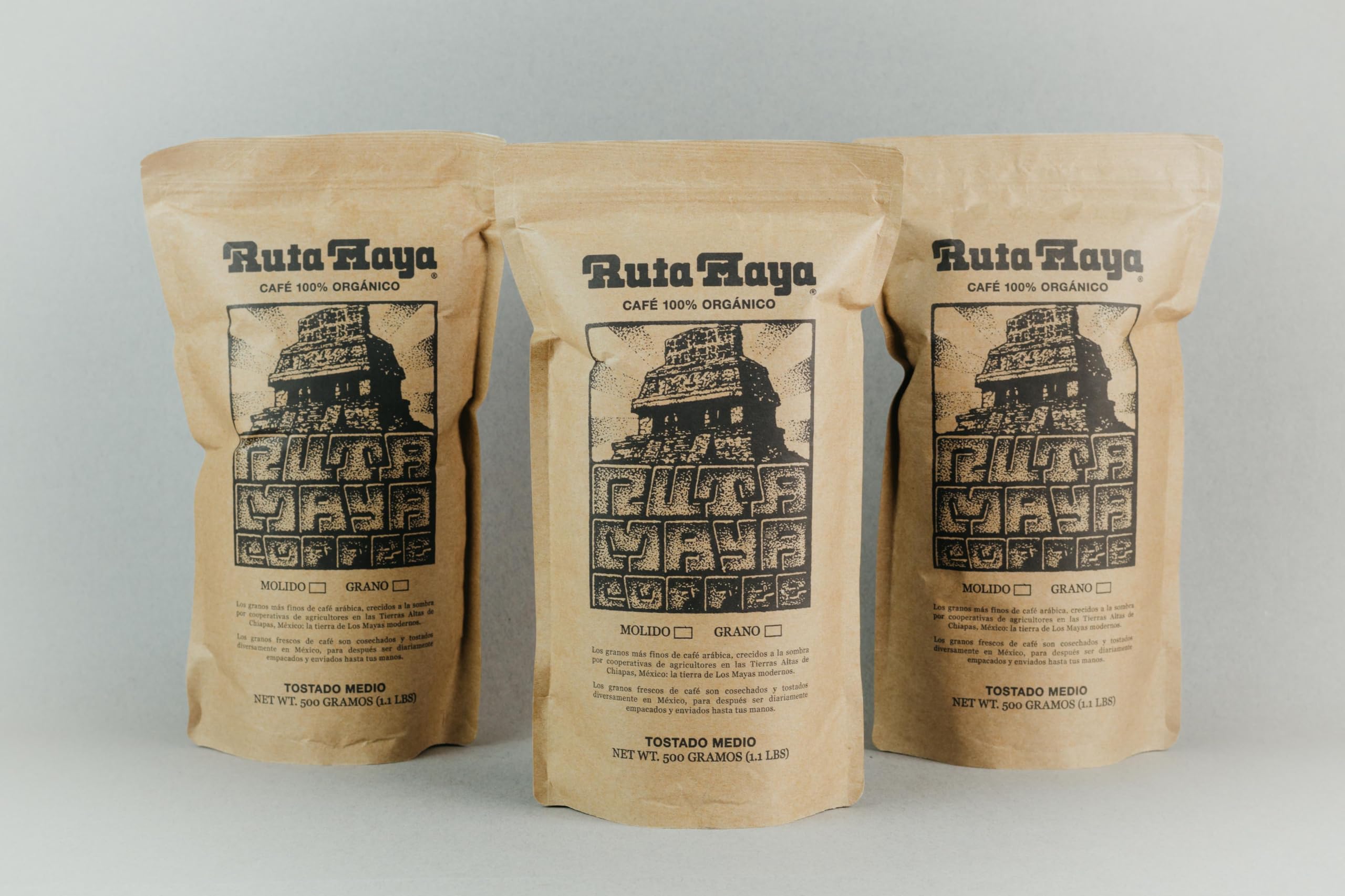 Ruta Maya open bag with visible whole beans ready for grinding and brewing