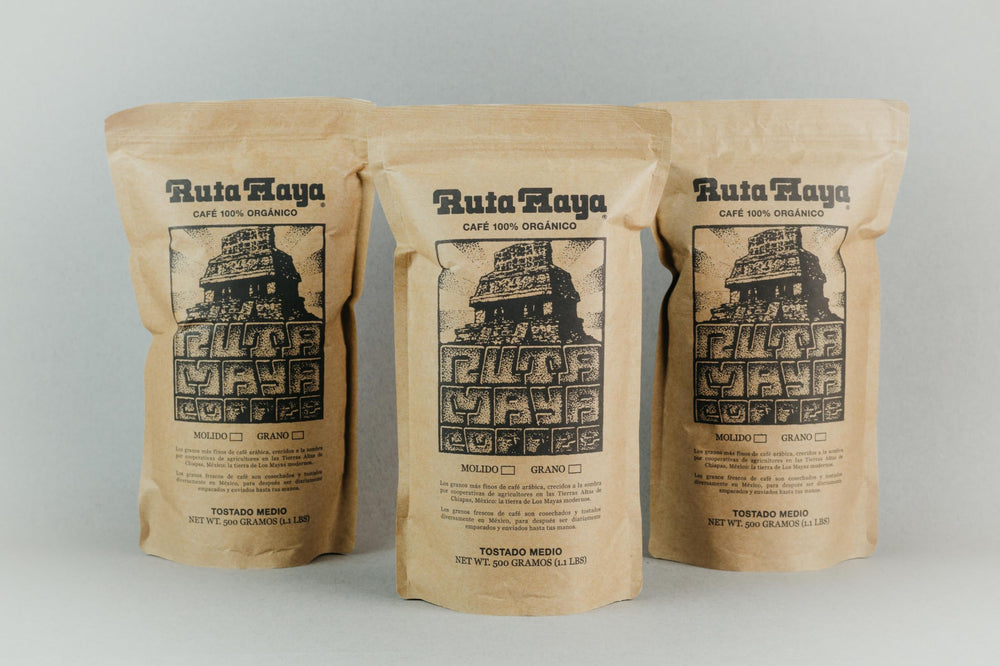 Ruta Maya open bag with visible whole beans ready for grinding and brewing