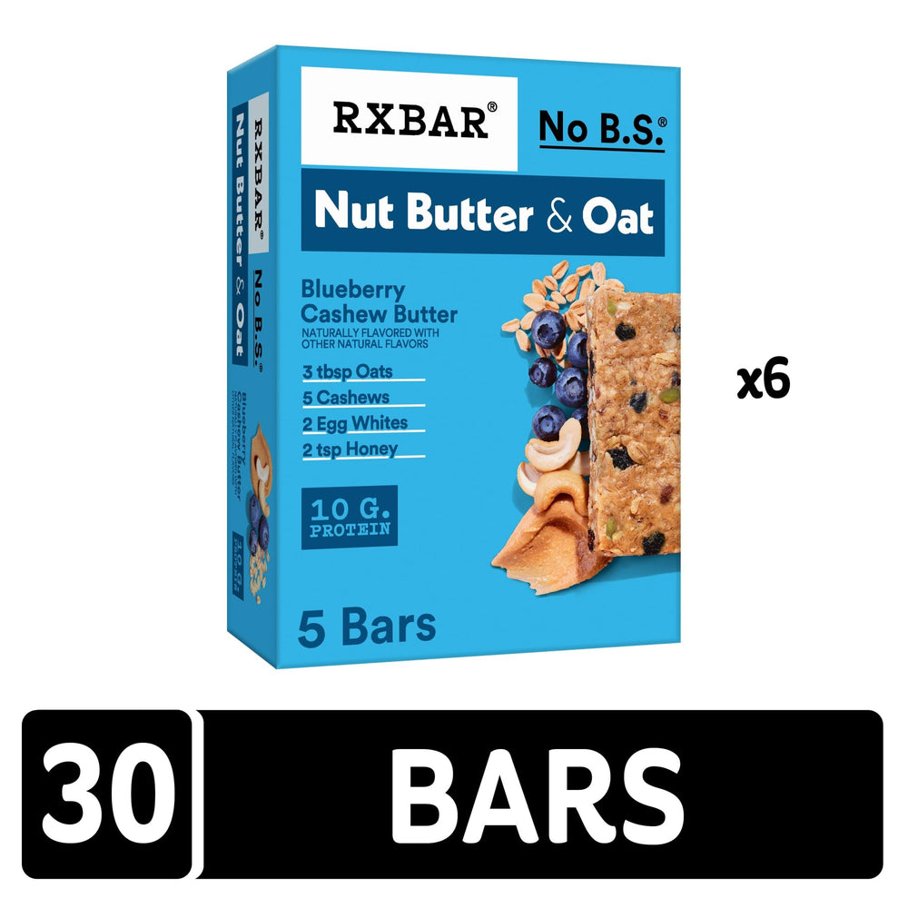 RXBAR ingredient flatlay with cashews, oats, blueberries showing simple ingredient transparency