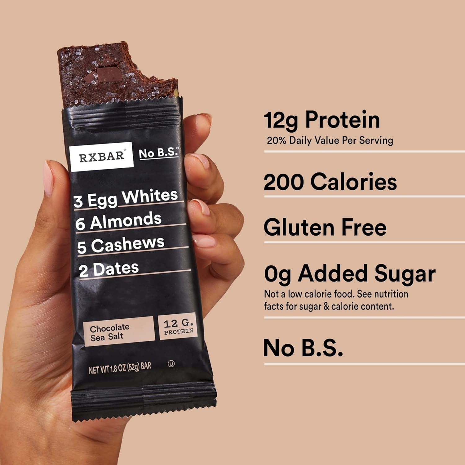 RXBAR bar held in hand for scale showing portable size and portion-controlled snack benefit