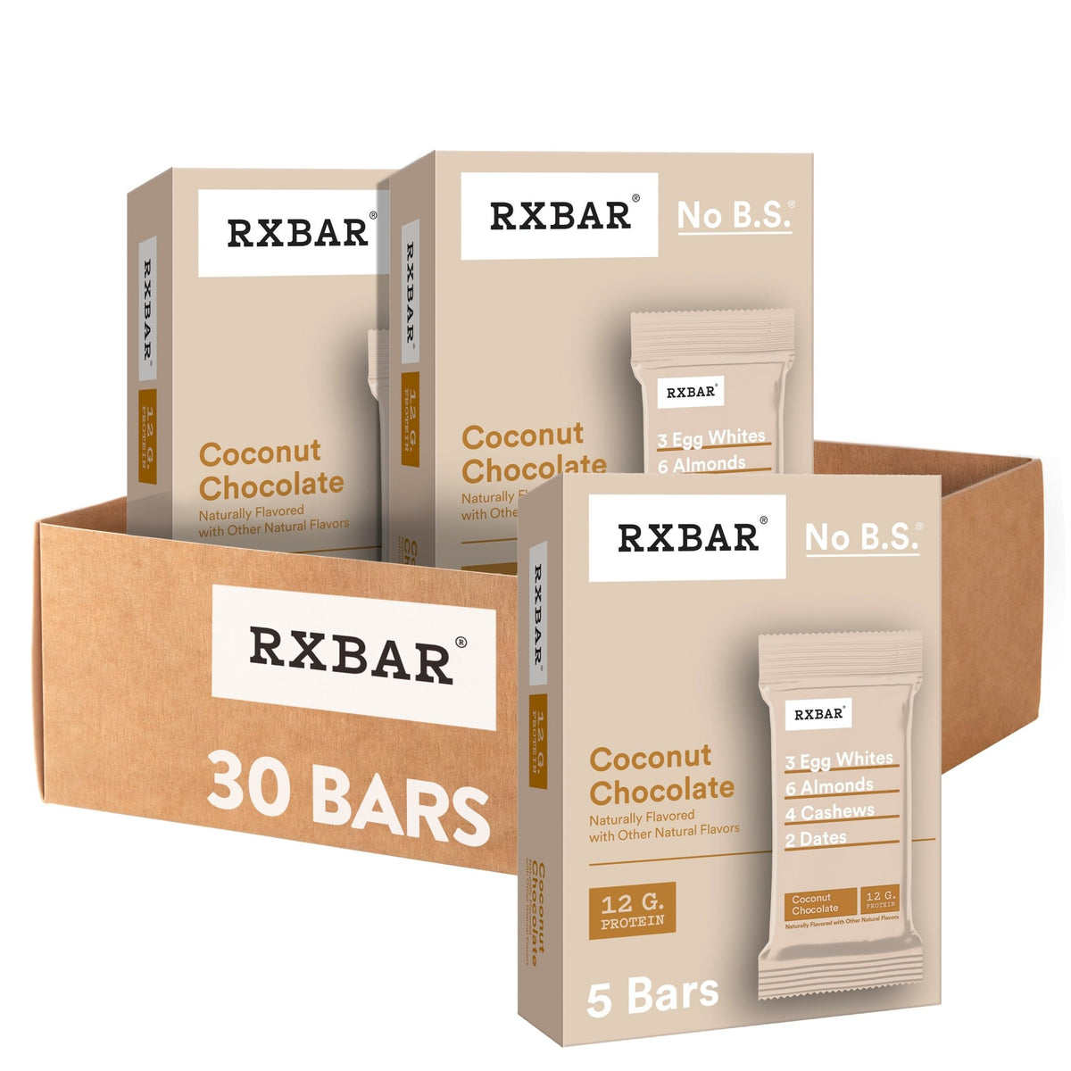 RXBAR front packaging showing coconut chocolate flavor and benefits