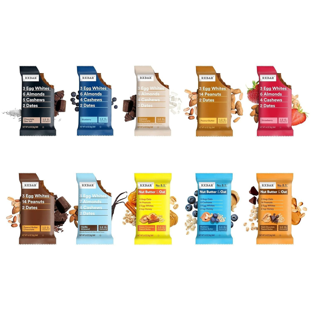 RXBAR overhead display of all ten flavors highlighting variety and choices