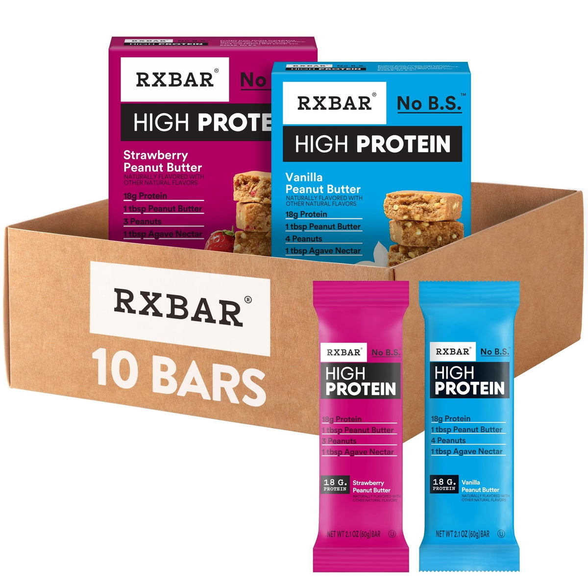 RXBAR front packaging showing two boxes and variety pack benefit