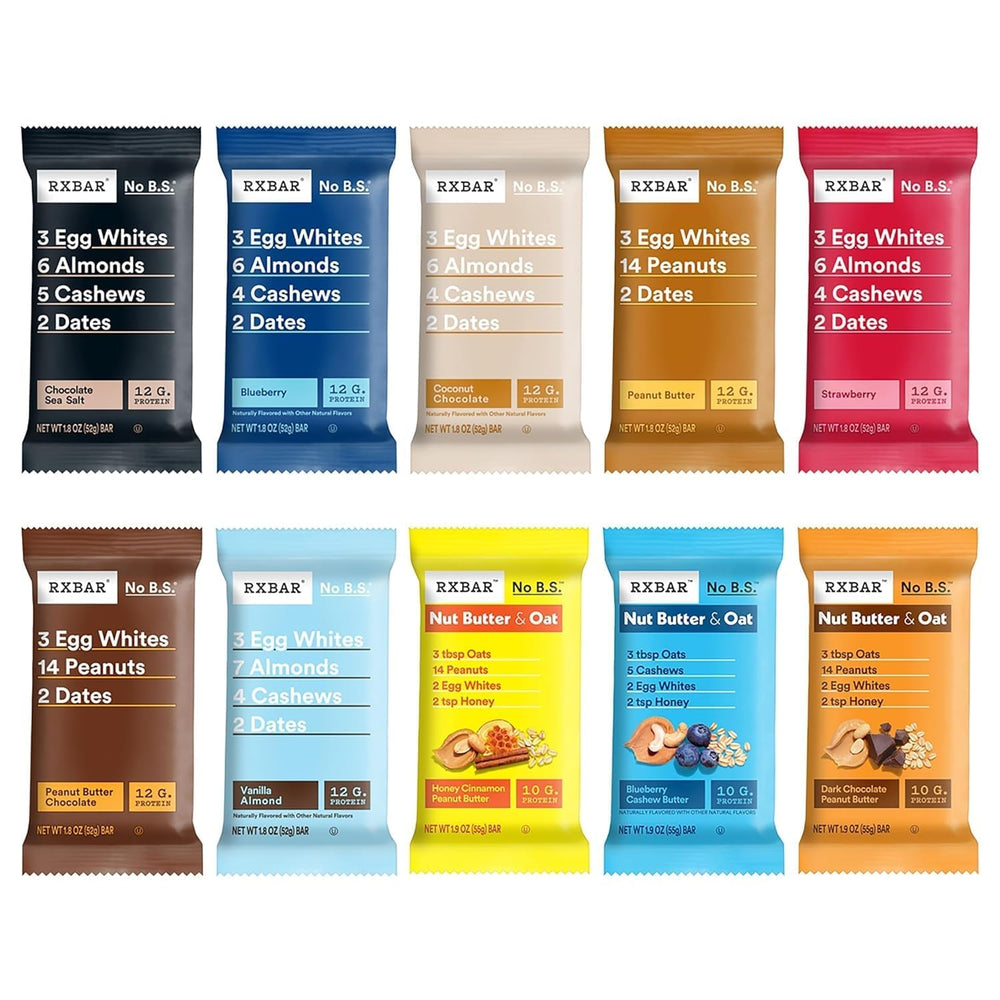 RXBAR front box showing 20-count variety pack and flavor list for easy selection