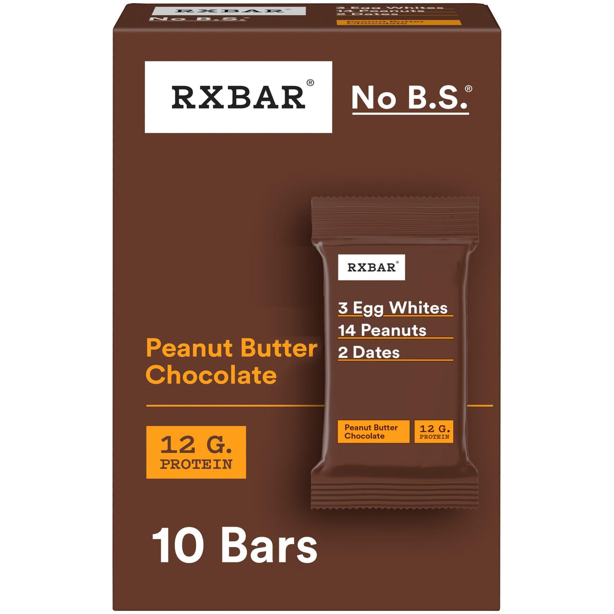 RXBAR front box view showing Peanut Butter Chocolate and 10 bars for easy storage