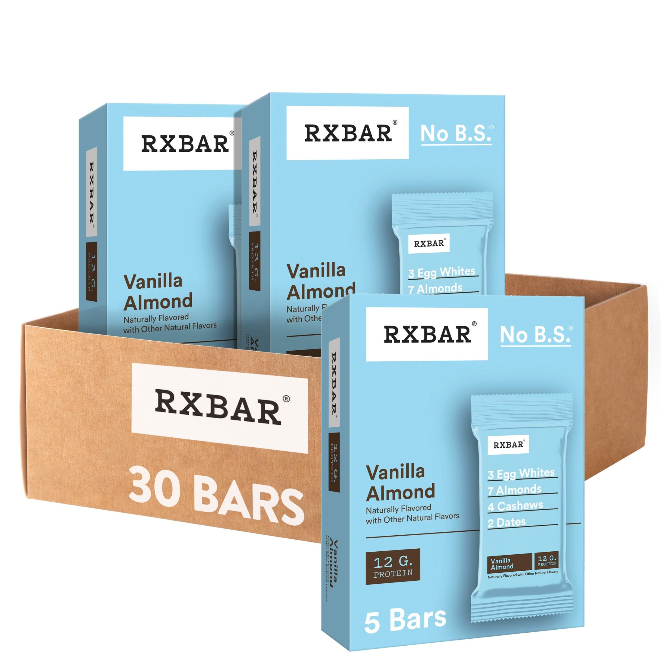 RXBAR front packaging showing Vanilla Almond flavor and 12g protein benefit