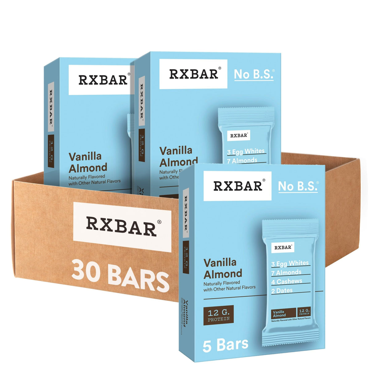 RXBAR front packaging showing Vanilla Almond flavor and 12g protein benefit