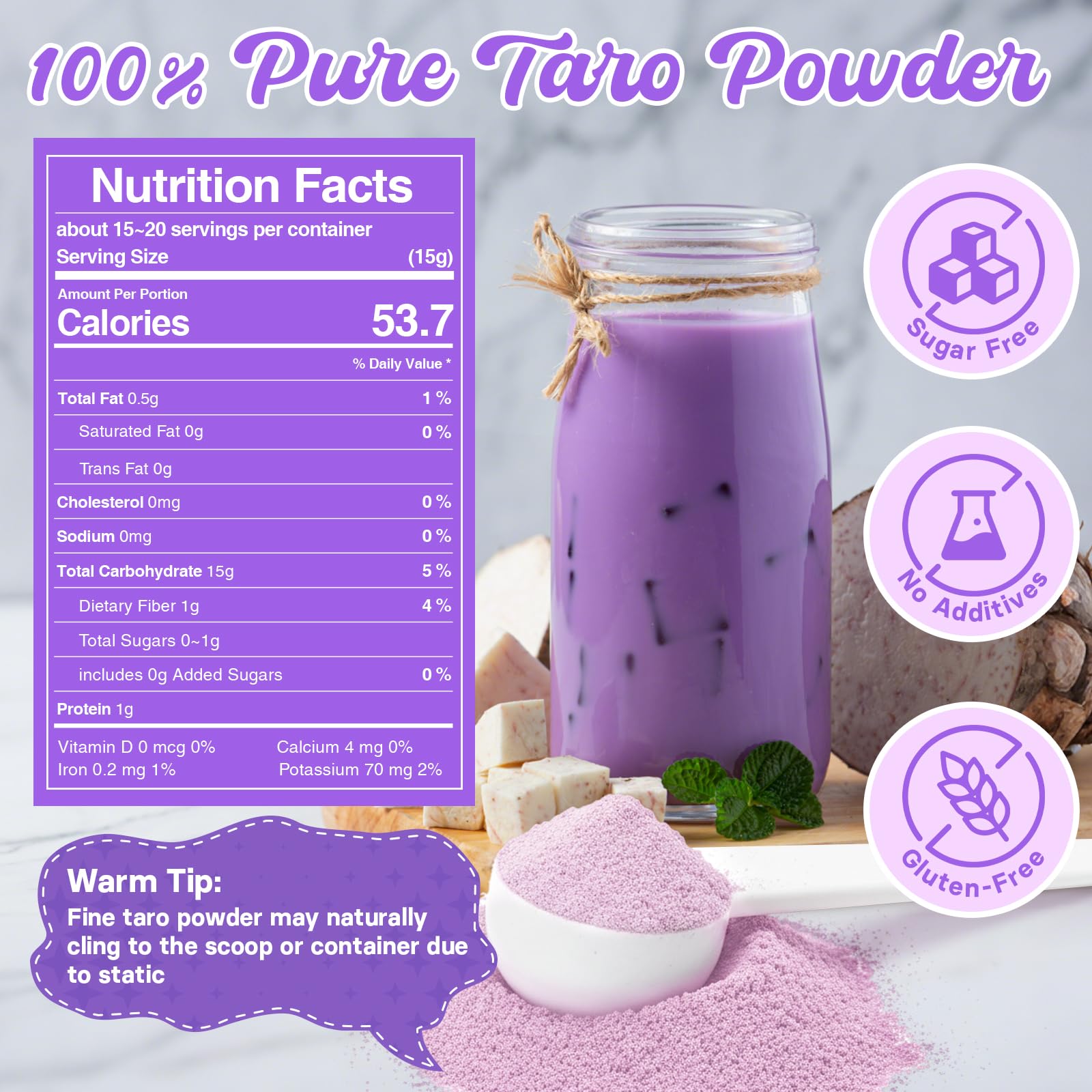 Rylenor fine taro powder texture close-up, shows smooth dissolving ease