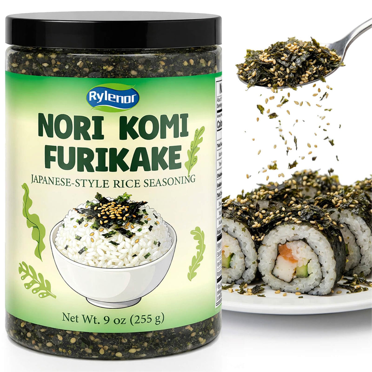 Rylenor front jar of Nori Komi Furikake showing full packaging and size benefit