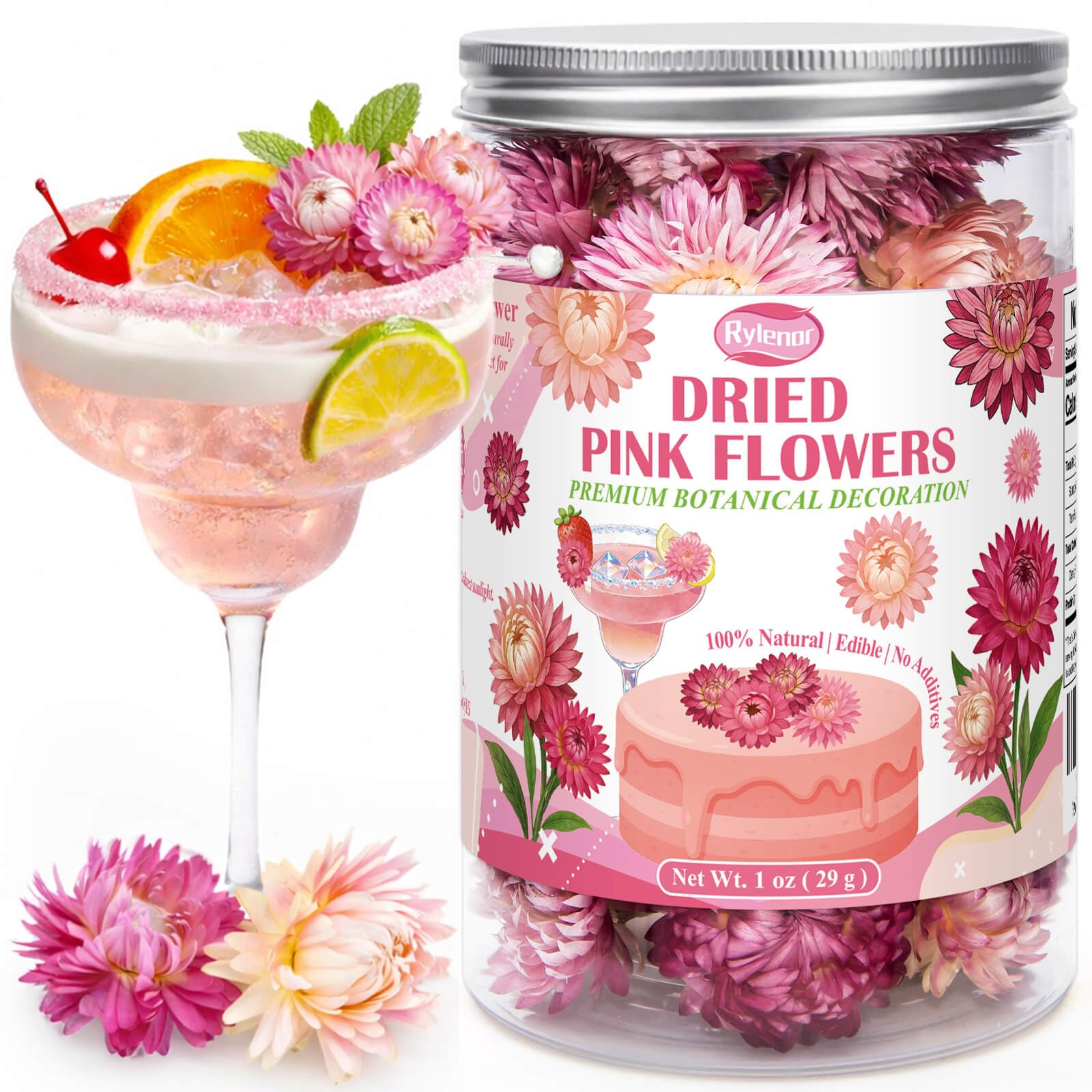 Rylenor jar of pink dried strawflowers showing sealed packaging and organized storage benefit