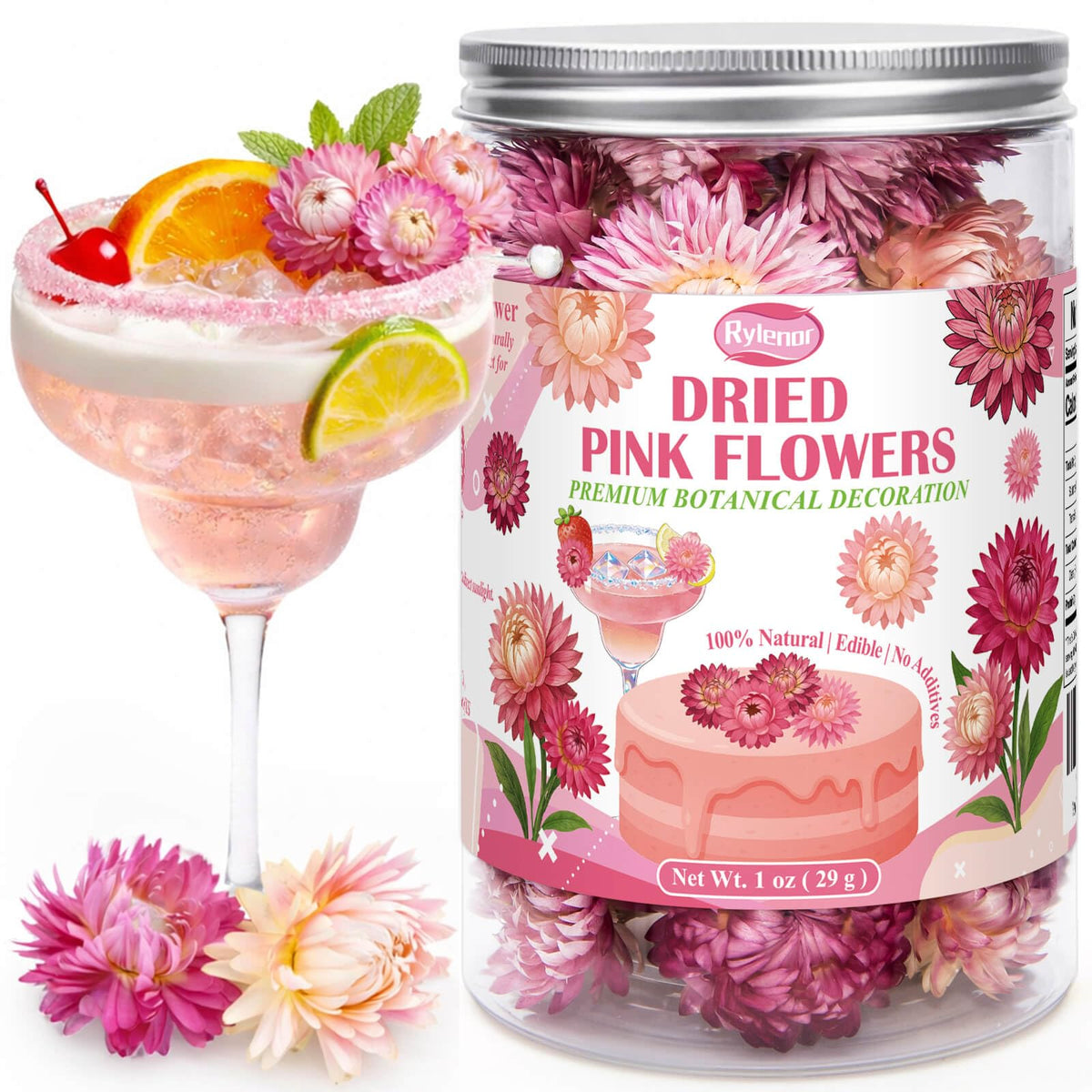Rylenor jar of pink dried strawflowers showing sealed packaging and organized storage benefit