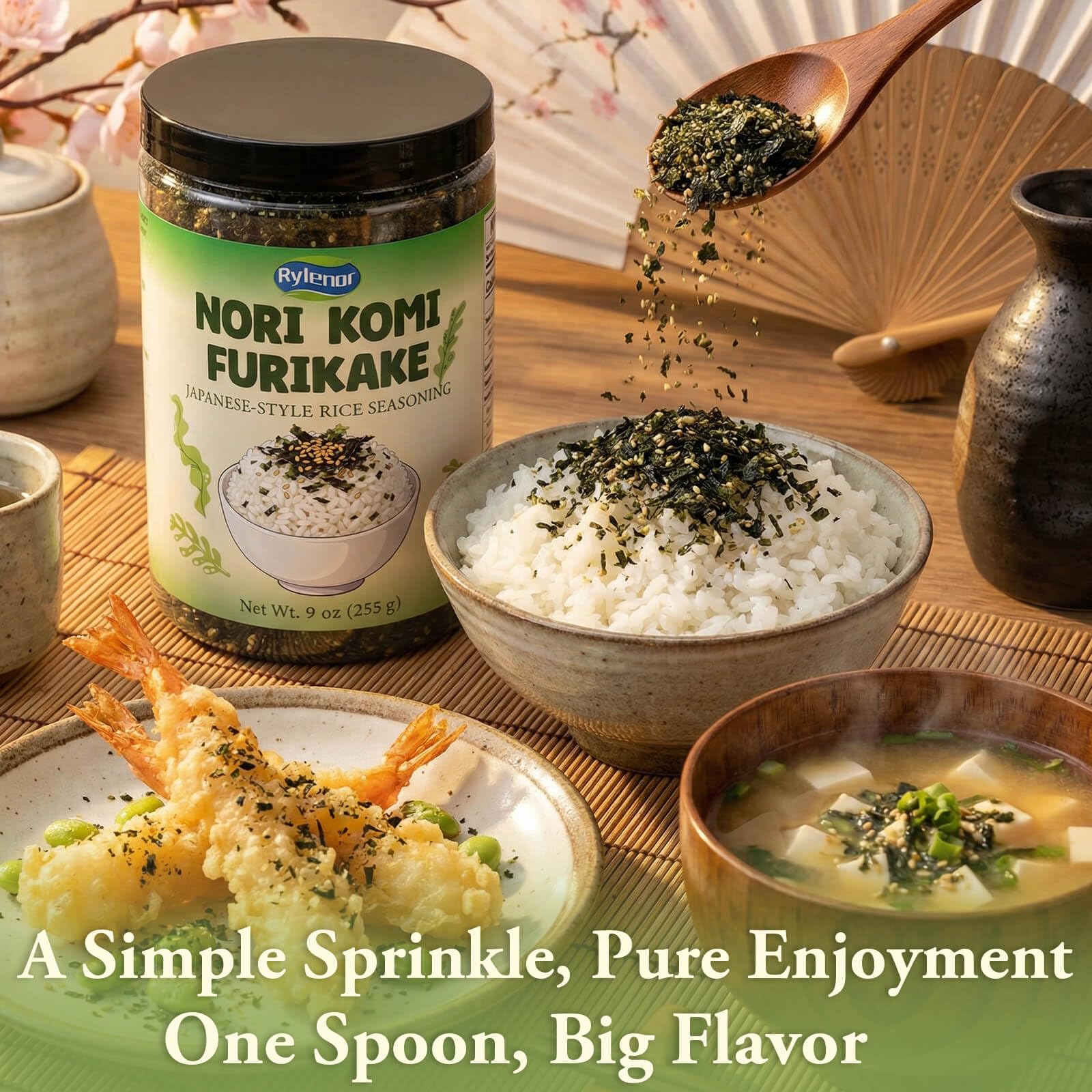 Rylenor furikake pouring over steamed rice to add instant umami and texture