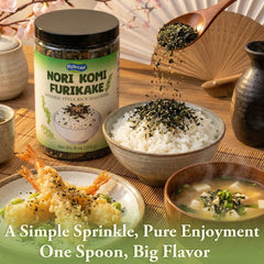 Rylenor furikake pouring over steamed rice to add instant umami and texture
