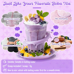 Rylenor taro milk tea poured in glass with boba, showcases creamy color