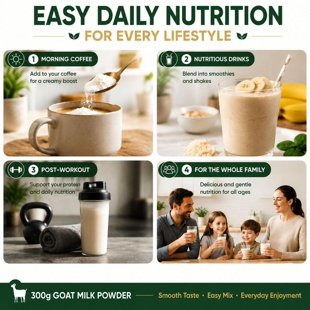 kitchen countertop scene with RYNSE goat milk powder used in morning beverage routine