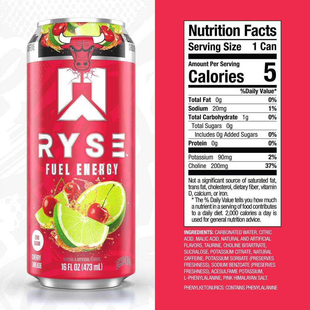 RYSE close-up of side label listing nootropic ingredients and sugar-free claim