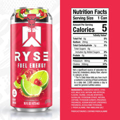 RYSE close-up of side label listing nootropic ingredients and sugar-free claim