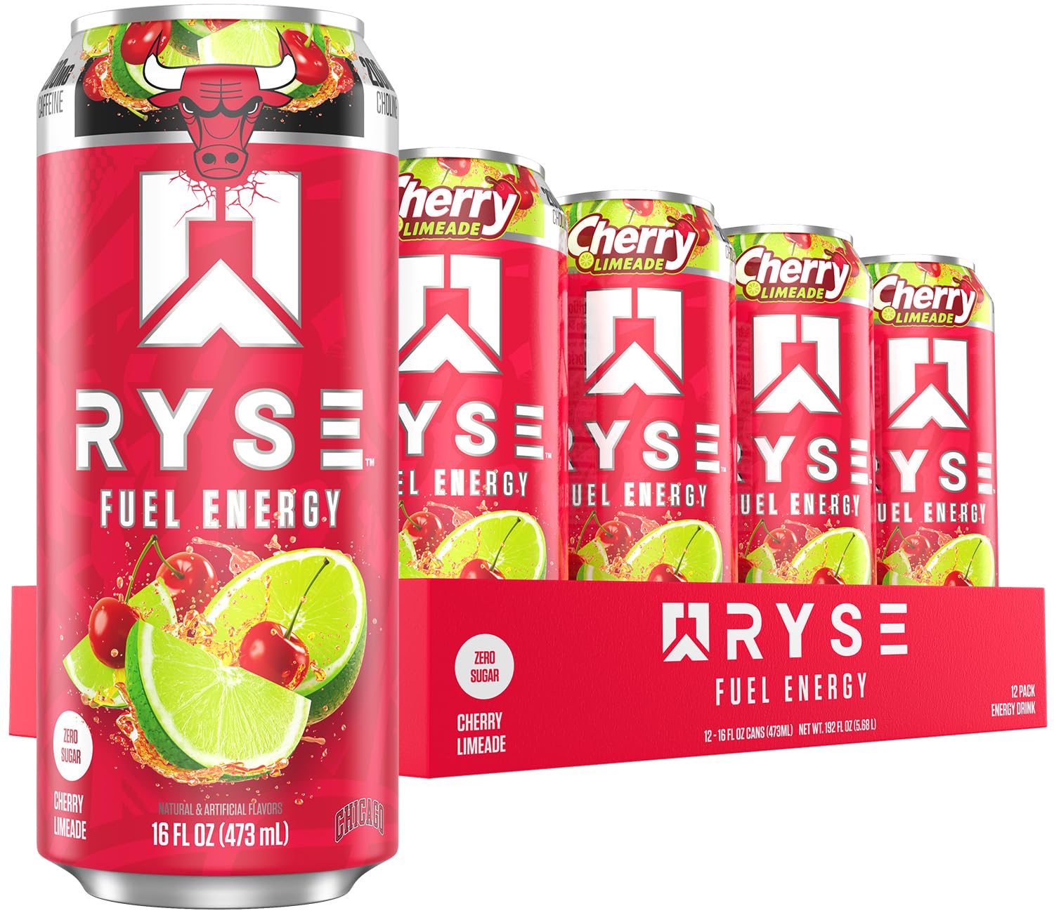 RYSE Fuel can front view showing Cherry Limeade branding and energy benefits
