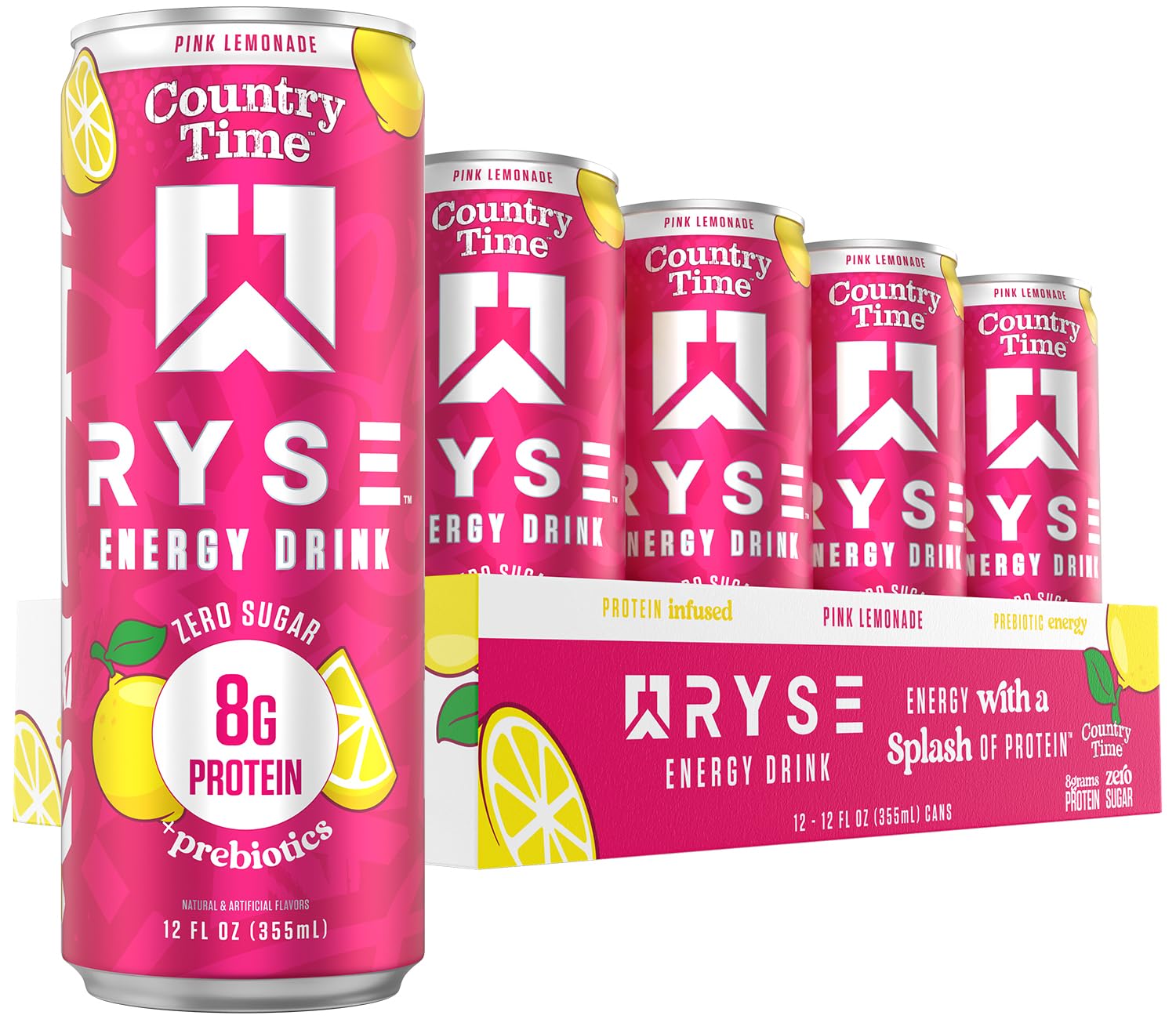 RYSE Up Supplements front can showing pink lemonade flavor and benefits