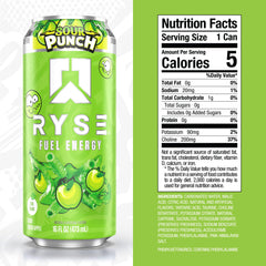 RYSE Up Supplements side label close-up highlighting ingredients and clean, vegan benefits